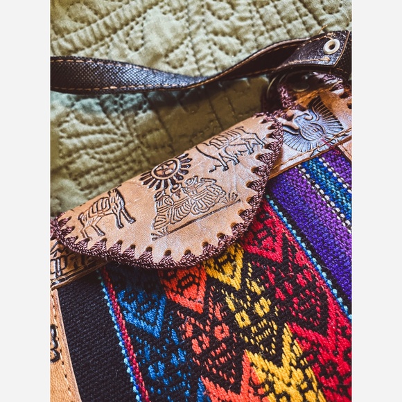 Vintage Handmade Peruvian Leather & Tapestry Crossbody Bag - Picture 3 of 6